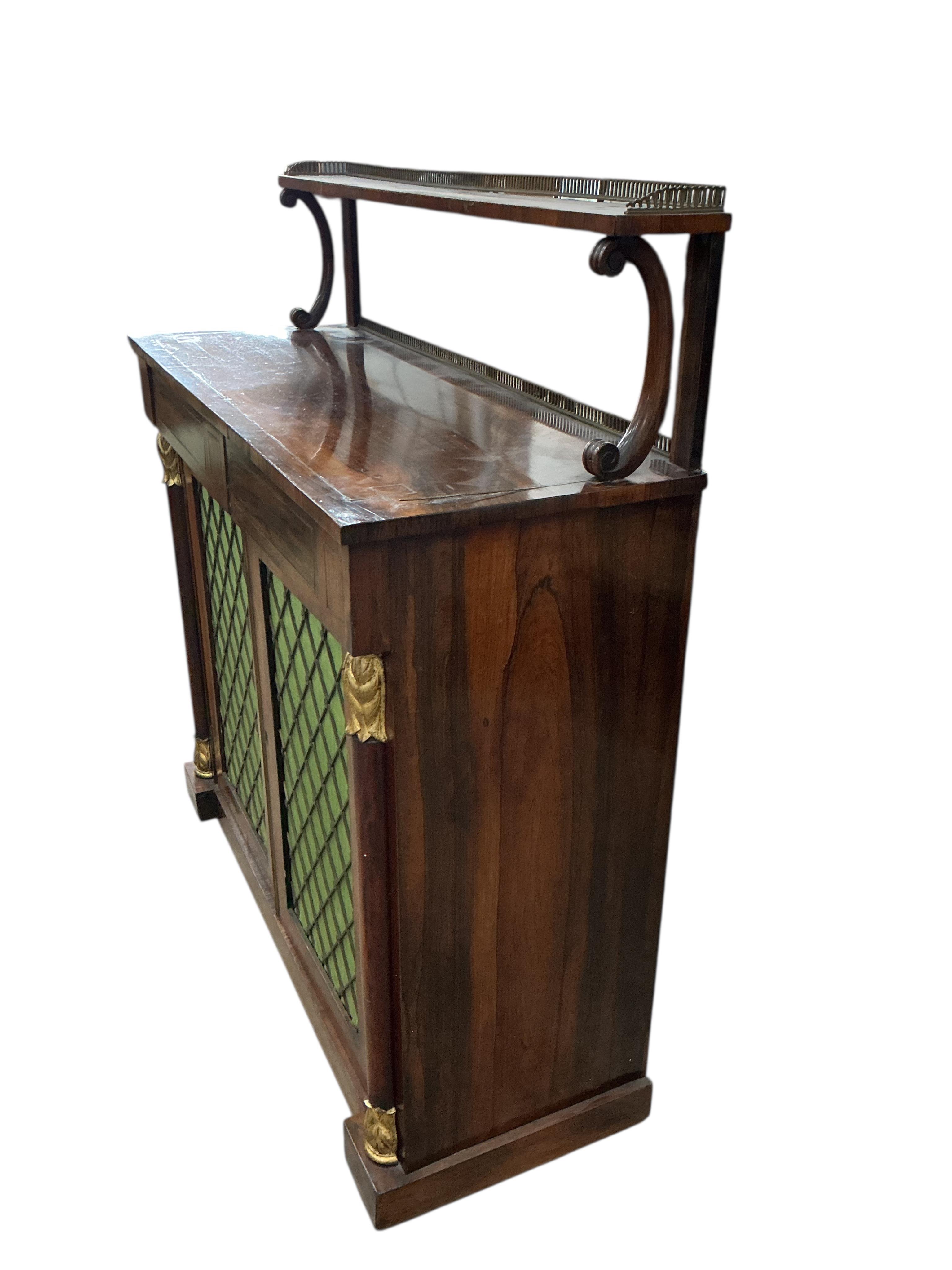 A Regency brass strung rosewood chiffonier, width 106cm, depth 39cm, height 117cm